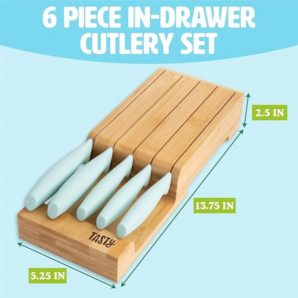 Tasty In-Drawer Kitchen Knife Set, Space-Saving Cutlery and Kitchen Organizer, Includes Chef, Bread, Santoku, Utility and Paring Knives, 6-Piece, Aqua - Image 2