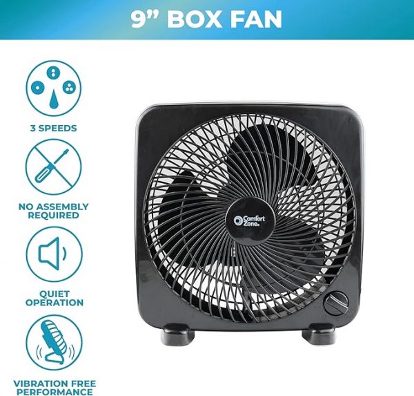 Comfort Zone Box Fan, 9 inch Portable Desk fan, Quiet 3 Speed Mini Fan for Bedroom, Electric Bedside Table Fan, Black - Image 2