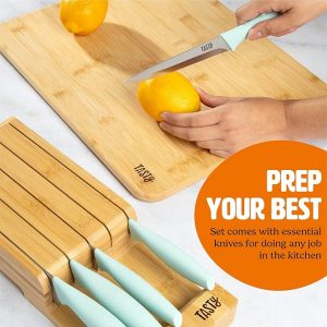 Tasty In-Drawer Kitchen Knife Set, Space-Saving Cutlery and Kitchen Organizer, Includes Chef, Bread, Santoku, Utility and Paring Knives, 6-Piece, Aqua