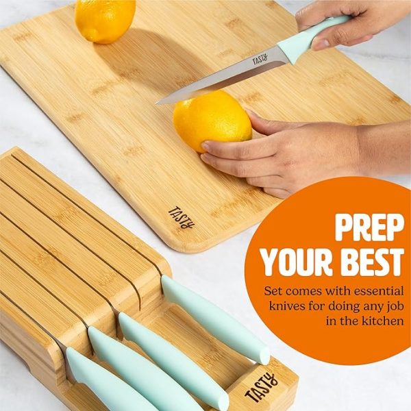Tasty In-Drawer Kitchen Knife Set, Space-Saving Cutlery and Kitchen Organizer, Includes Chef, Bread, Santoku, Utility and Paring Knives, 6-Piece, Aqua