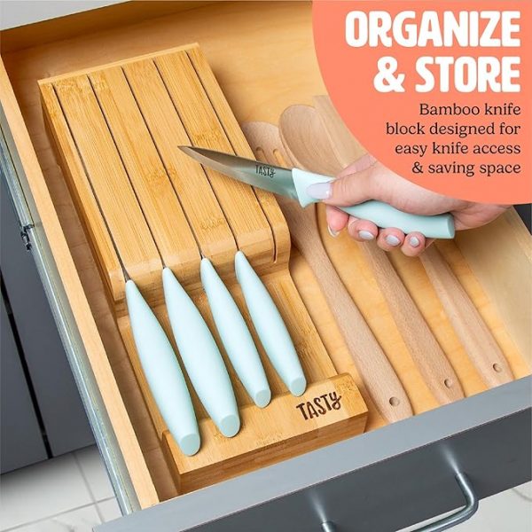 Tasty In-Drawer Kitchen Knife Set, Space-Saving Cutlery and Kitchen Organizer, Includes Chef, Bread, Santoku, Utility and Paring Knives, 6-Piece, Aqua - Image 3